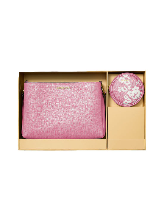Michael Kors Women's Trisha Pebbled Leather Crossbody Bag With Printed Signature Logo Pouch Carnation/Gold