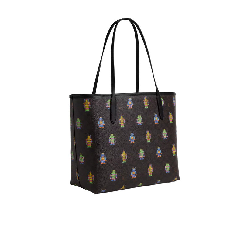 Coach Women's Cosmic Coach City Tote Bag In Signature Canvas With Robot Print Novelty Leather/Gold/Walnut Multi