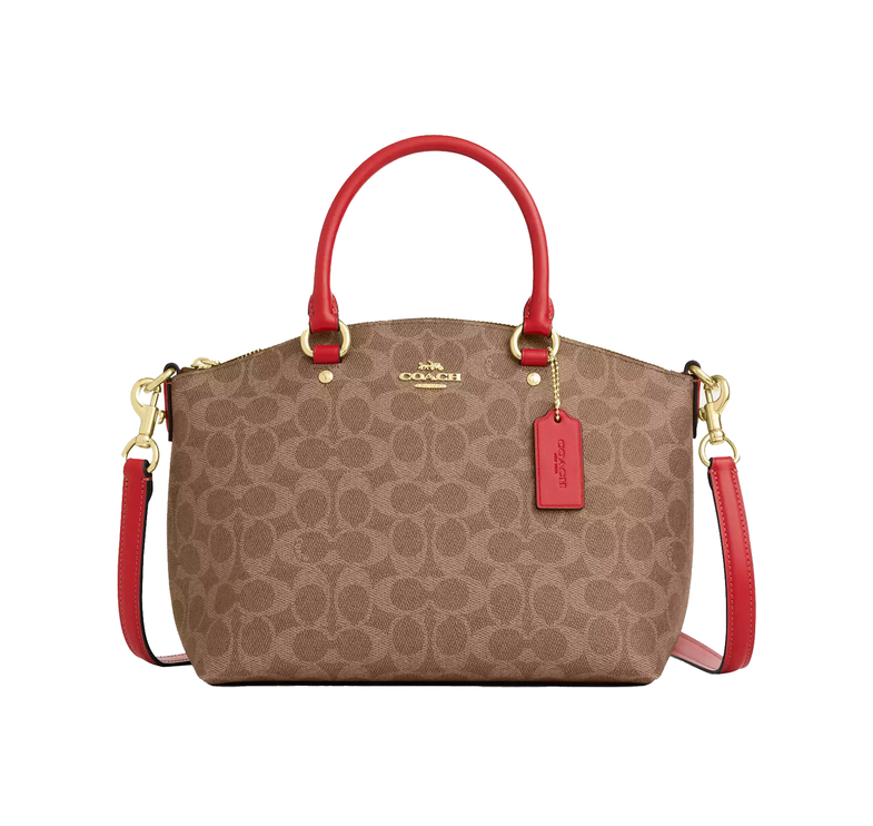 Coach Women's Sadie Satchel Bag In Signature Canvas Gold/Tan/Carnation