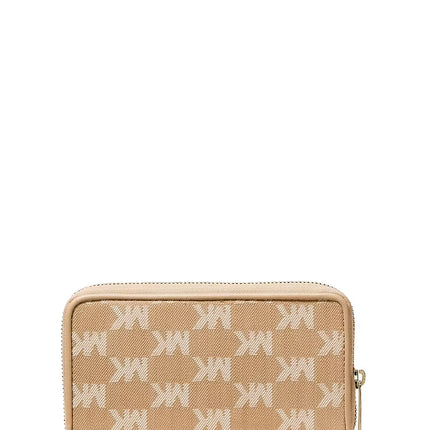 Michael Kors Women's Jet Set Travel Large Logo Jacquard Denim Smartphone Wallet Camel/Gold