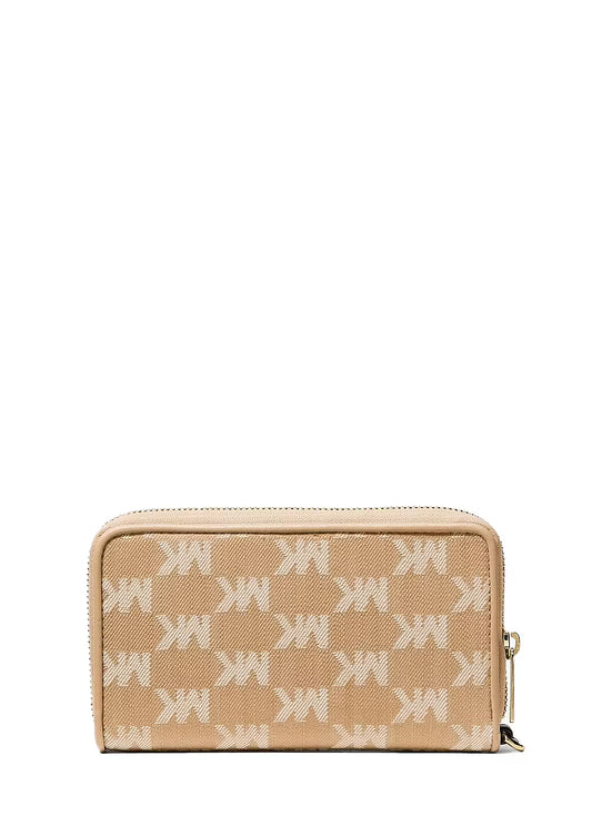 Michael Kors Women's Jet Set Travel Large Logo Jacquard Denim Smartphone Wallet Camel/Gold