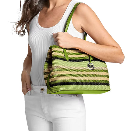 Michael Kors Women's Avalon Medium Striped Woven Tote Bag Lime