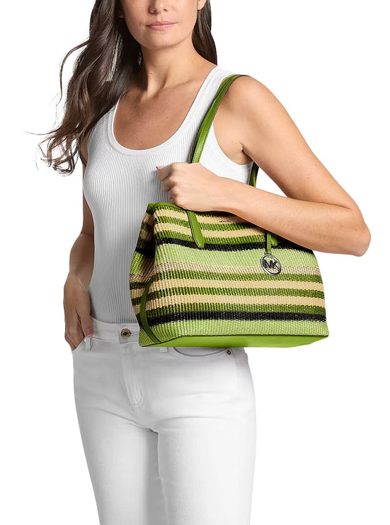 Michael Kors Women's Avalon Medium Striped Woven Tote Bag Lime