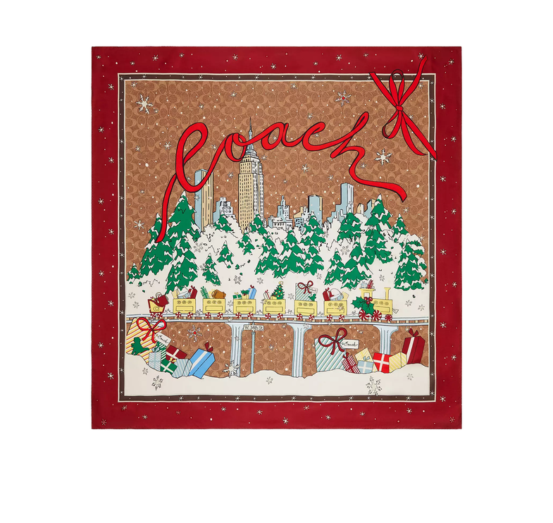 Coach Women's Signature Central Park Print Silk Square Scarf Tan Multi