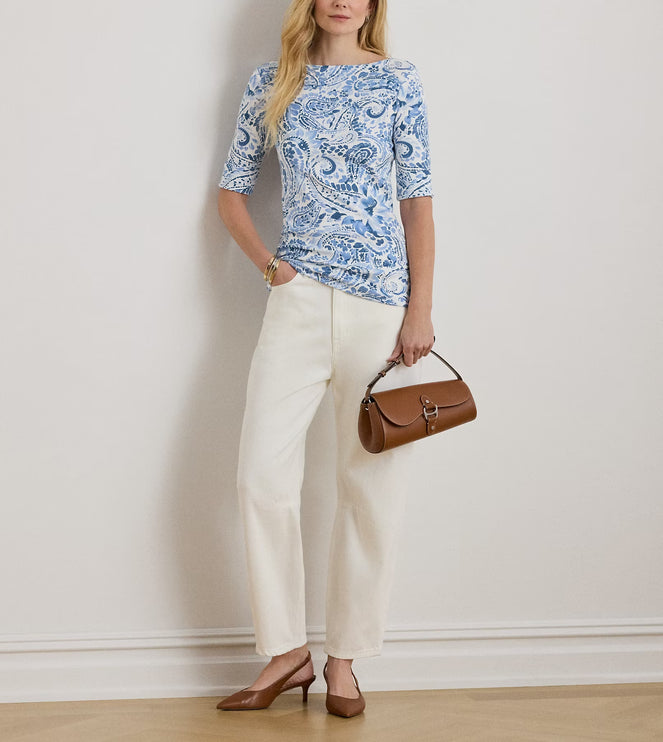 Polo Ralph Lauren Women's Paisley Stretch Cotton Boatneck Tee White/Blue