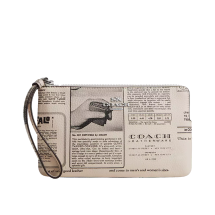 Coach Women's Large Corner Zip Wristlet With Newspaper Print Silver/Chalk Multi