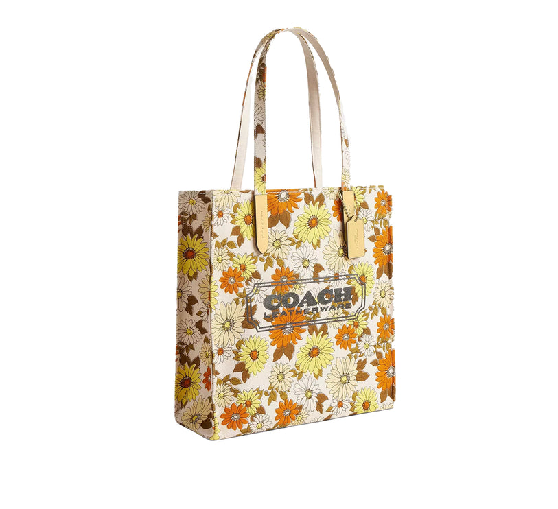 Coach Women's Canvas Tote Bag With Floral Print Gold/Vanilla Sunflower