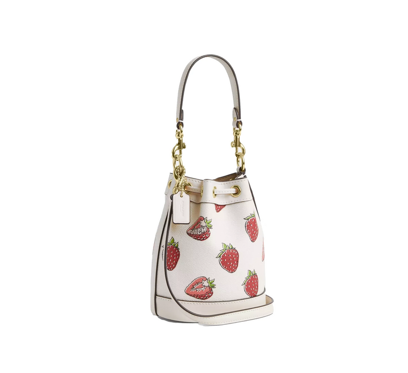 Coach Women's Mini Bucket Bag With Strawberry Print Gold/Chalk Multi