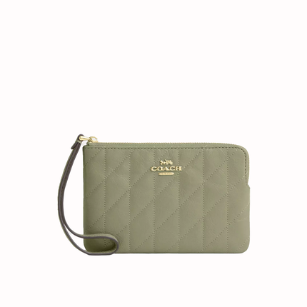 Coach Women's Corner Zip Wristlet With Quilting Gold/Pistachio