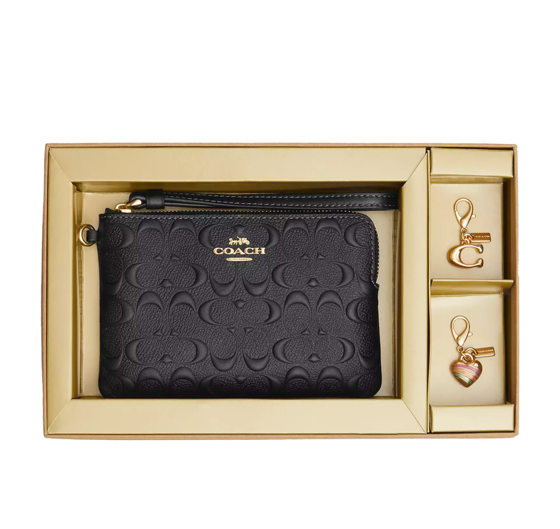 Coach Women's Boxed Corner Zip Wristlet In Signature Leather Gold/Black