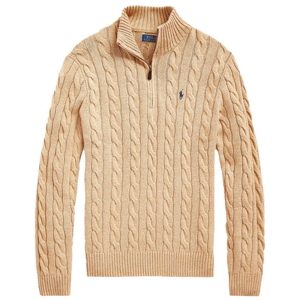 Polo Ralph Lauren Men's Cable-Knit Cotton Quarter-Zip Sweater Camel Melange