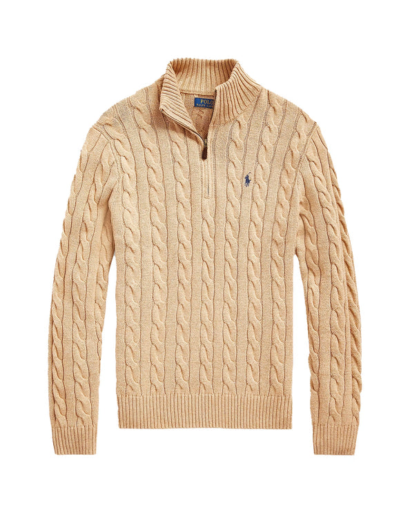 Polo Ralph Lauren Men's Cable-Knit Cotton Quarter-Zip Sweater Camel Melange