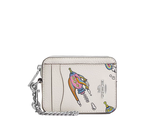 Coach Women's Cosmic Coach Zip Card Case With Rocket Print Novelty Leather/Silver/Chalk Multi