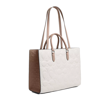 Coach Women's Maggie Tote Bag In Blocked Signature Leather Silver/Chalk/Taupe