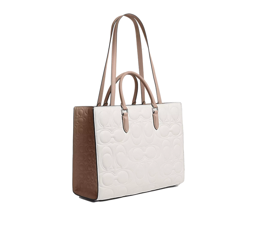 Coach Women's Maggie Tote Bag In Blocked Signature Leather Silver/Chalk/Taupe