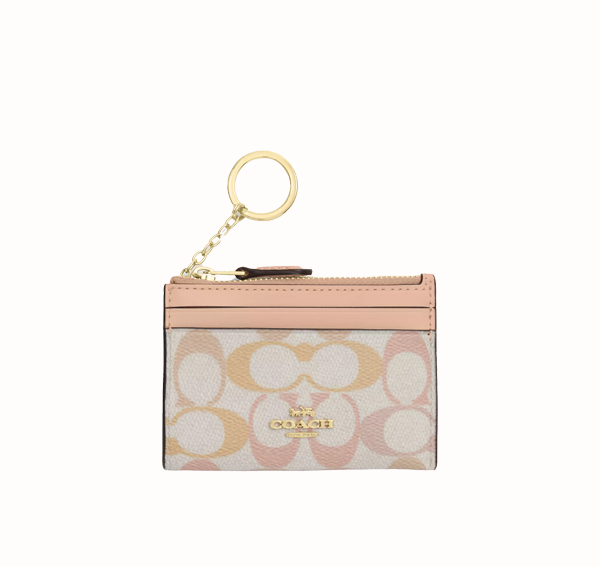 Coach Women's Mini Skinny Id Case In Pretty Signature Canvas Gold/Chalk/Pink