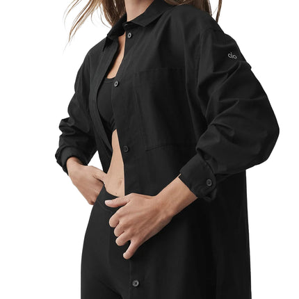 alo Women's Cotton Real Deal Button Up Long Sleeve Black