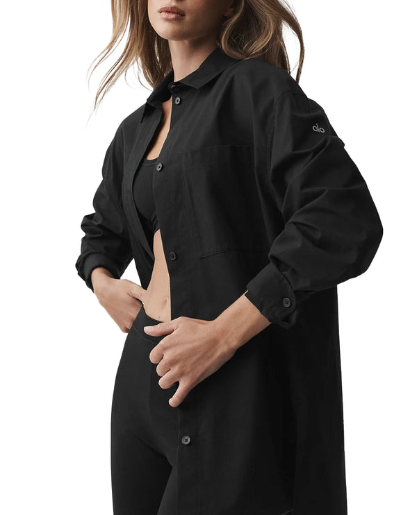 alo Women's Cotton Real Deal Button Up Long Sleeve Black