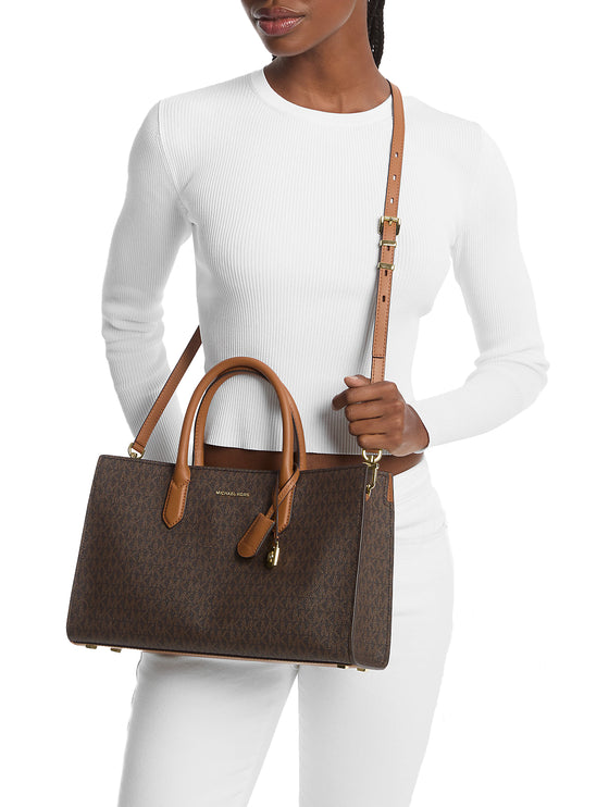 Michael Kors Women's Scarlett Medium Signature Logo Satchel Brown/Acorn