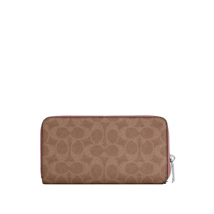Coach Women's Long Zip Around Wallet With Detachable Card Case In Signature Canvas Silver/Tan/Dusty Pink