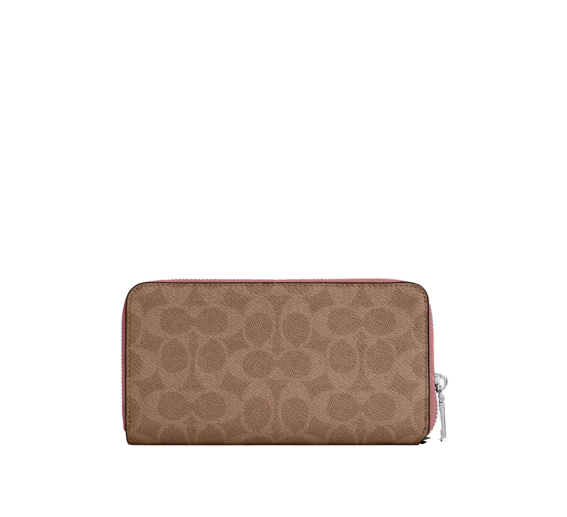 Coach Women's Long Zip Around Wallet With Detachable Card Case In Signature Canvas Silver/Tan/Dusty Pink