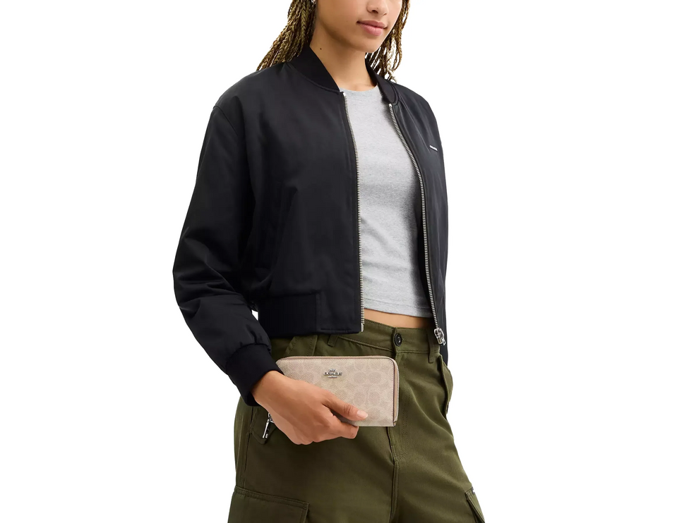 Coach Women's Long Zip Around Wallet With Detachable Card Case In Signature Canvas Silver/Sand/Taupe