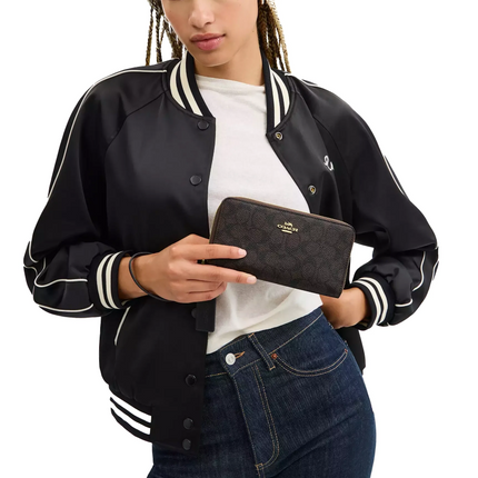 Coach Women's Long Zip Around Wallet With Detachable Card Case In Signature Canvas Gold/Walnut/Black