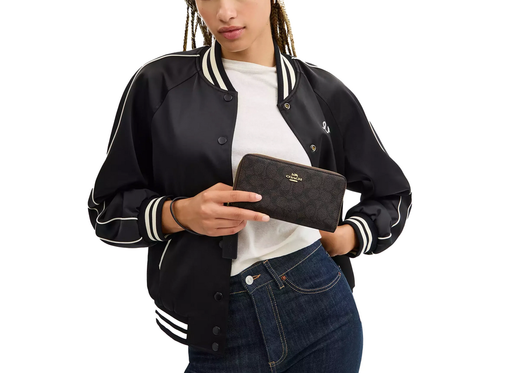 Coach Women's Long Zip Around Wallet With Detachable Card Case In Signature Canvas Gold/Walnut/Black