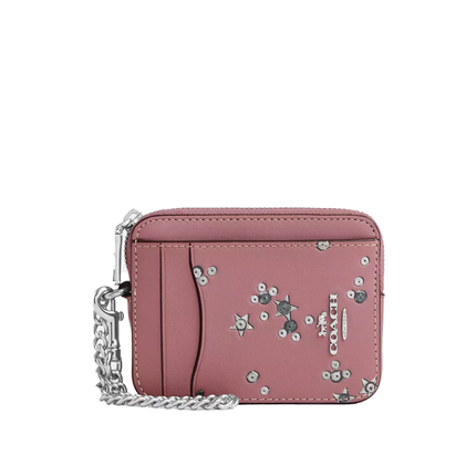Coach Women's Zip Card Case With Star Print Pink/Silver