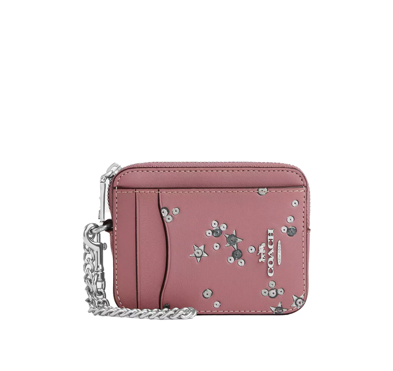 Coach Women's Zip Card Case With Star Print Pink/Silver
