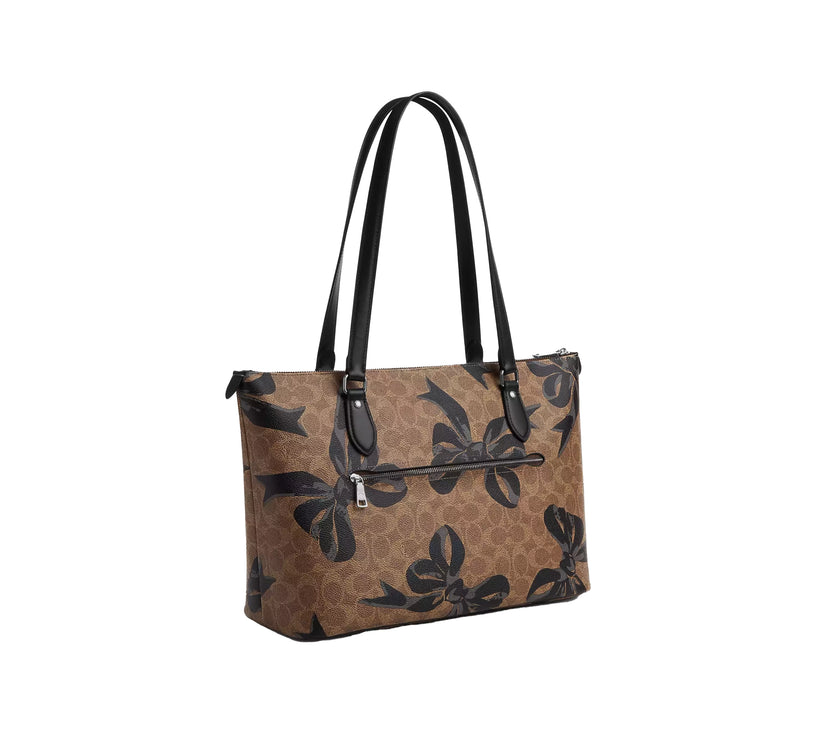 Coach Women's Gallery Tote Bag In Signature Canvas With Bow Print Silver/Tan/Black Multi