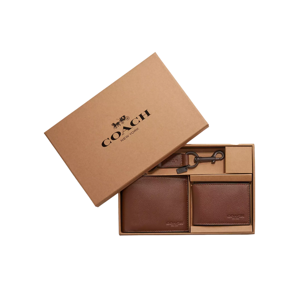 Coach Men's Boxed 3 In 1 Wallet Gift Set Dark Saddle