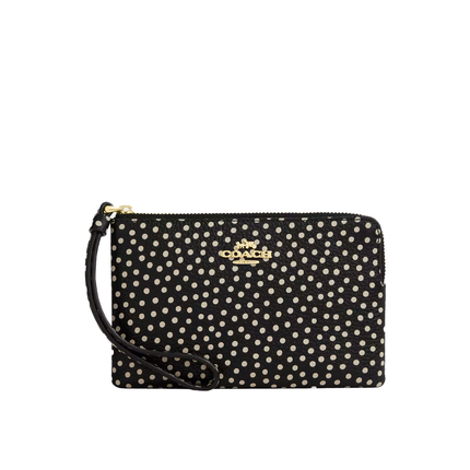 Coach Women's Corner Zip Wristlet With Spot Print Gold/Black Multi