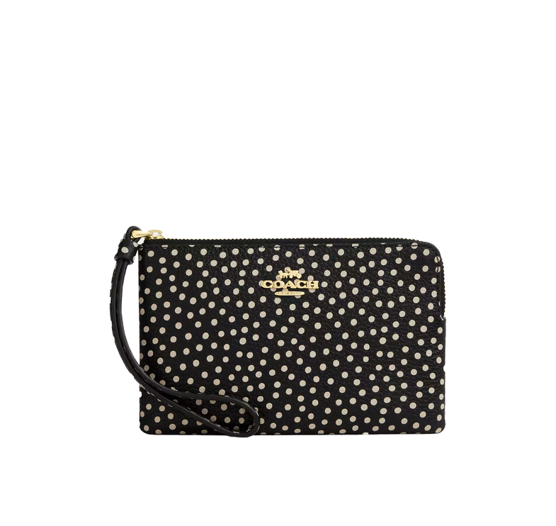 Coach Women's Corner Zip Wristlet With Spot Print Gold/Black Multi