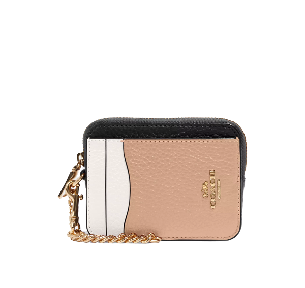 Coach Women's Zip Card Case In Colorblock Gold/Chalk Multi