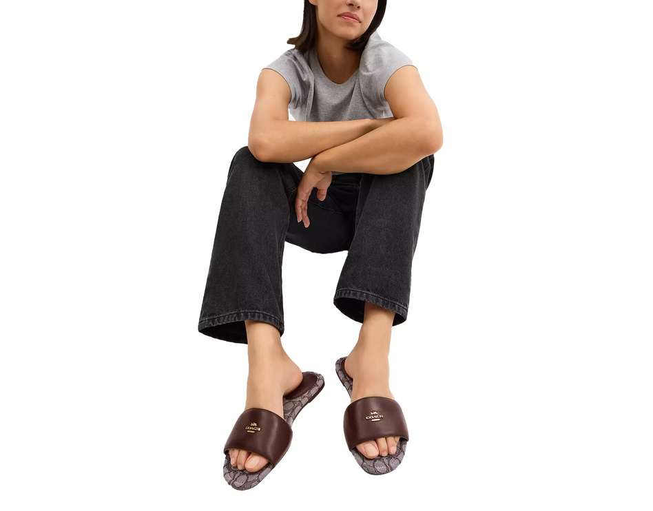 Coach Women's Slide Sandal In Signature Jacquard Oak/Maple
