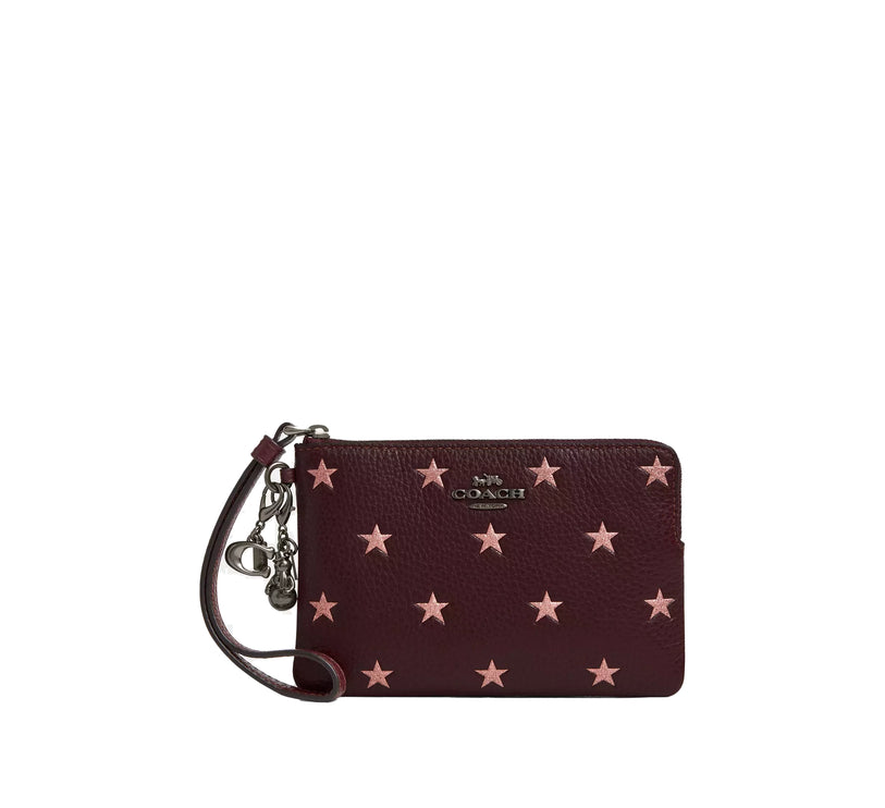 Coach Women's Boxed Corner Zip Wristlet With Star Print And Charms Qb/Merlot Multi