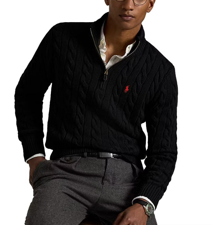 Polo Ralph Lauren Men's Cable-Knit Cotton Quarter-Zip Sweater Polo Black