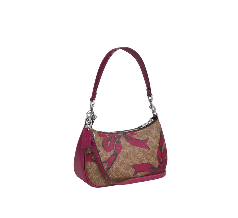 Coach Women's Teri Shoulder Bag In Signature Canvas With Bow Print Silver/Tan/Pink Multi