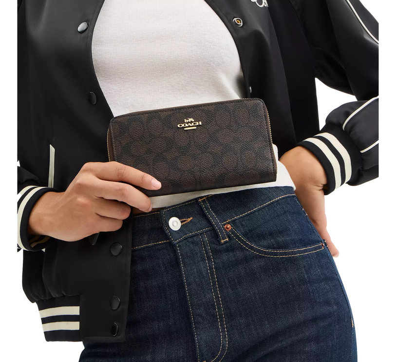 Coach Women's Long Zip Around Wallet With Detachable Card Case In Signature Canvas Gold/Walnut/Black