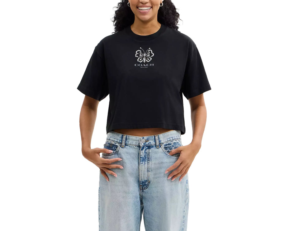 Coach Women's Butterfly Cropped T-Shirt Black