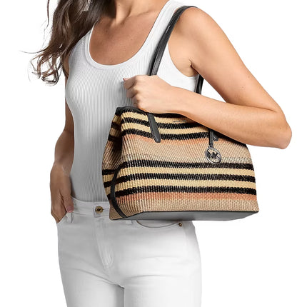Michael Kors Women's Avalon Medium Striped Woven Tote Bag Black