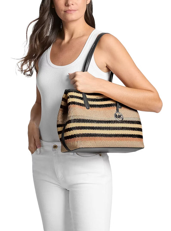 Michael Kors Women's Avalon Medium Striped Woven Tote Bag Black