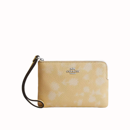 Coach Women's Corner Zip Wristlet With Floral Print Silver/Washed Yellow