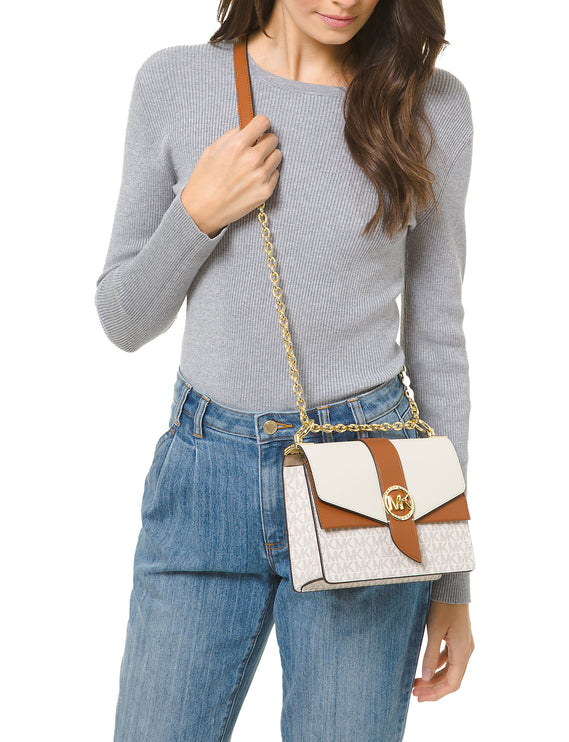 Michael Kors Women's Greenwich Small Color-Block Logo and Saffiano Leather Crossbody Bag Vanilla/Acorn