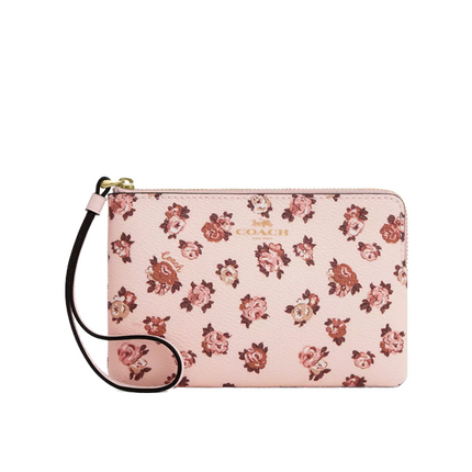 Coach Women's Corner Zip Wristlet With Rosette Print Gold/Blush Multi