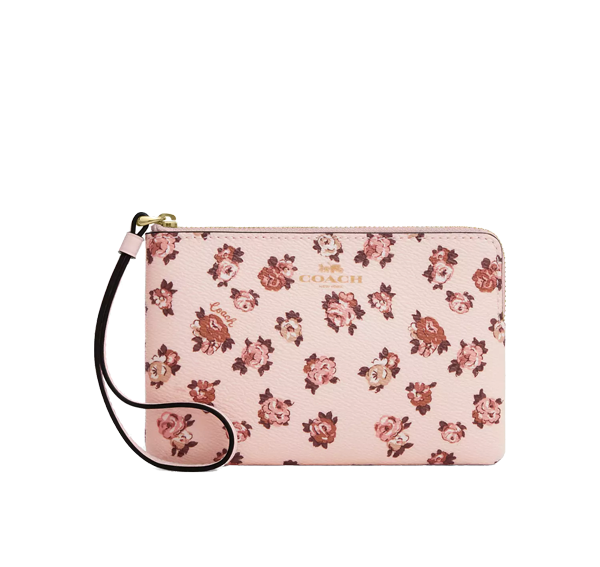 Coach Women's Corner Zip Wristlet With Rosette Print Gold/Blush Multi