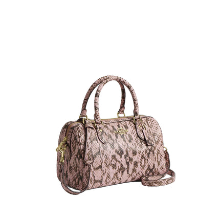 Coach Women's Rowan Satchel Bag Snake Embossed Leather Gold/Pink