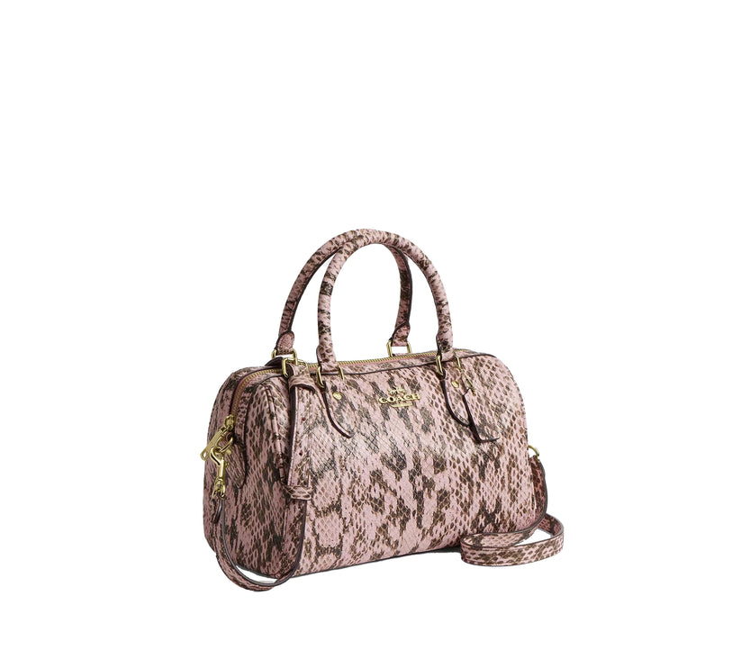 Coach Women's Rowan Satchel Bag Snake Embossed Leather Gold/Pink