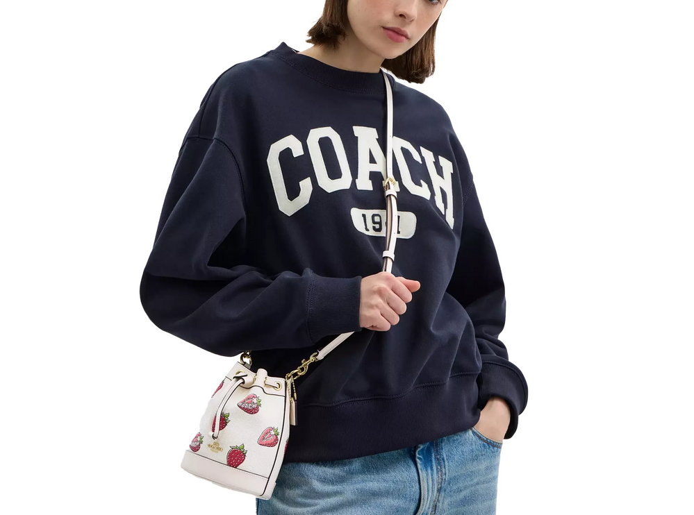 Coach Women's Mini Bucket Bag With Strawberry Print Gold/Chalk Multi